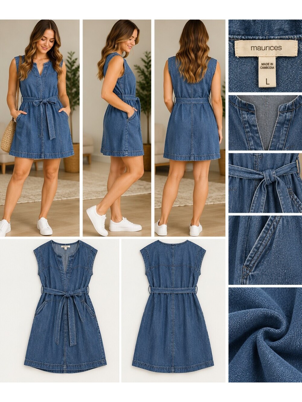 Maurices Women's Medium Blue Denim Sleeveless Dress Large with Tie Belt